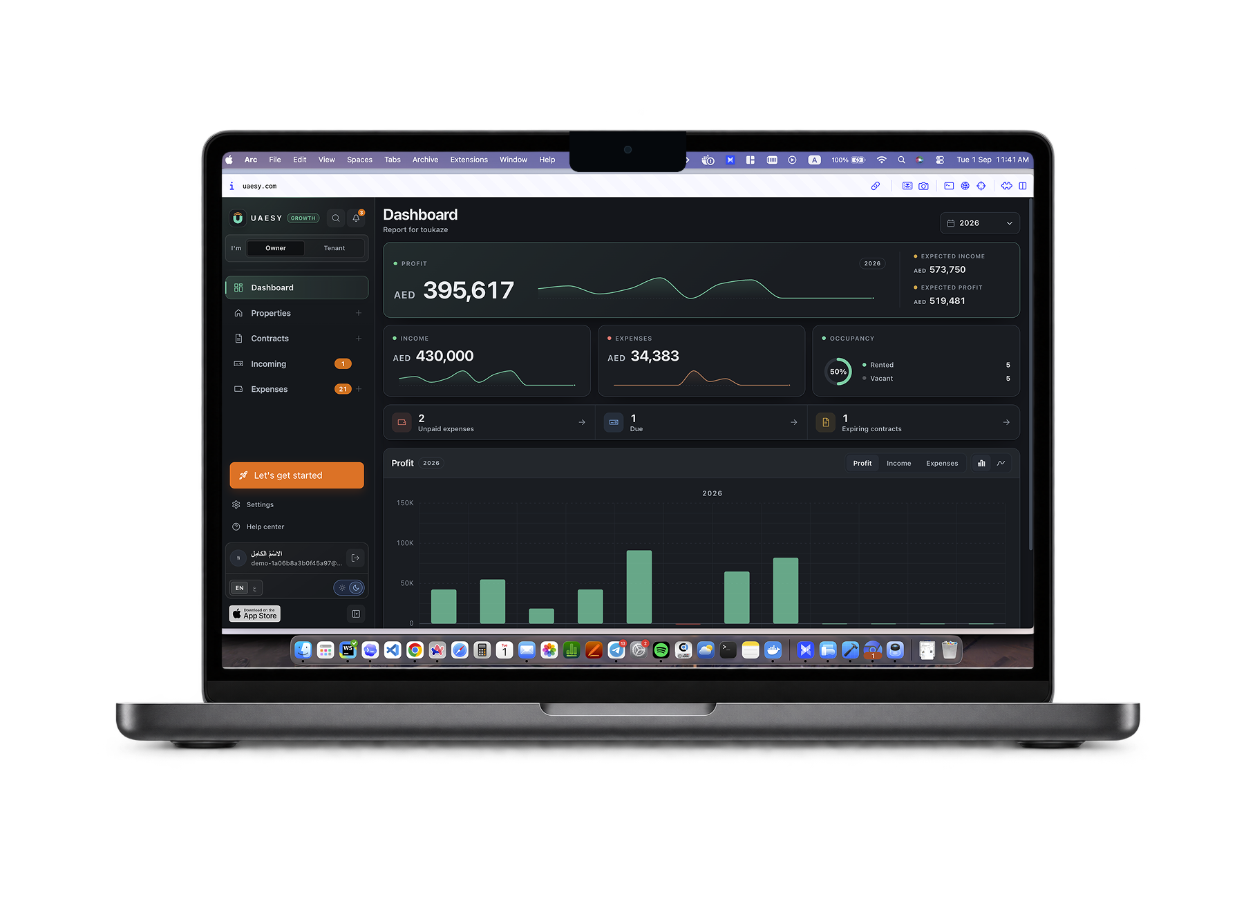 UAESY dashboard displayed on a MacBook Pro 14-inch