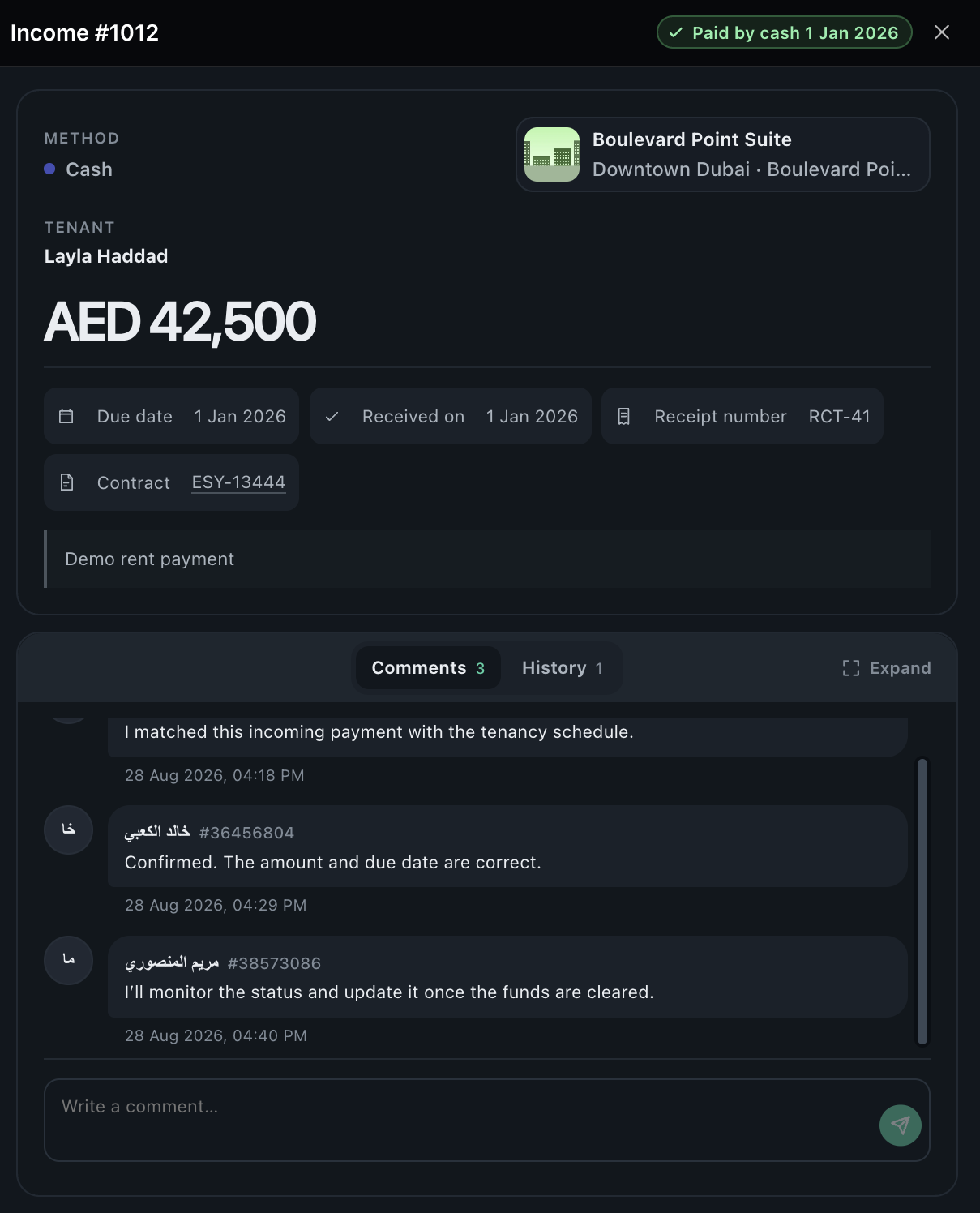 The incoming payments list with cheque statuses